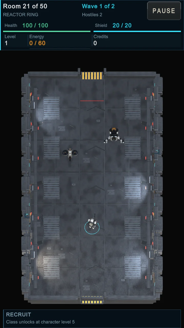 Top-down combat in a gunmetal station arena with cover, a Recruit and hostile machines