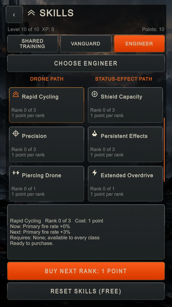 Permanent Engineer skill paths in Breachwake's dark Fracture-style menu